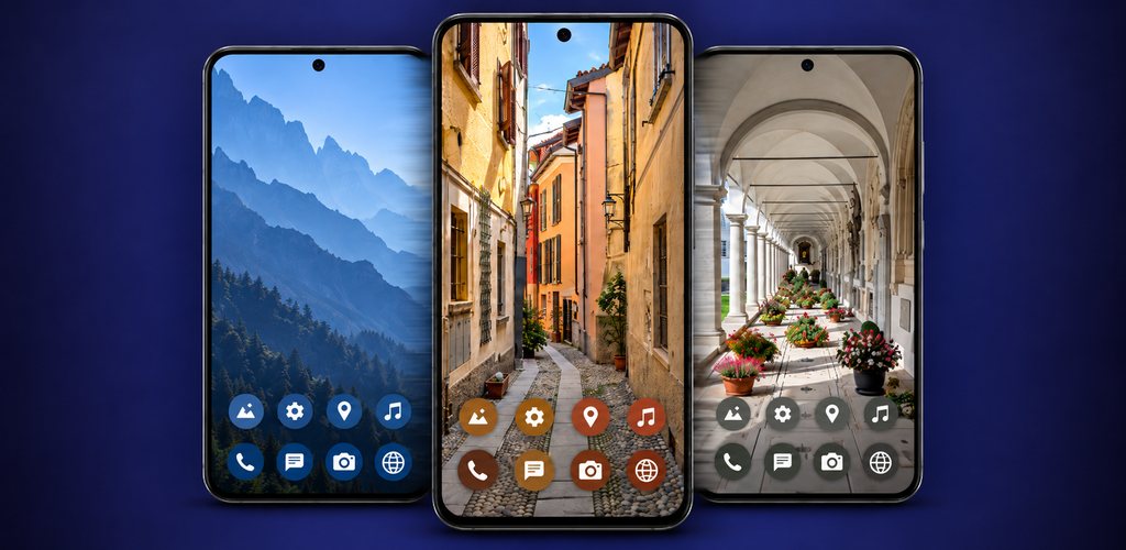 Three Android phones showing different photos as wallpaper, each with its app icons tinted to match the picture behind them.